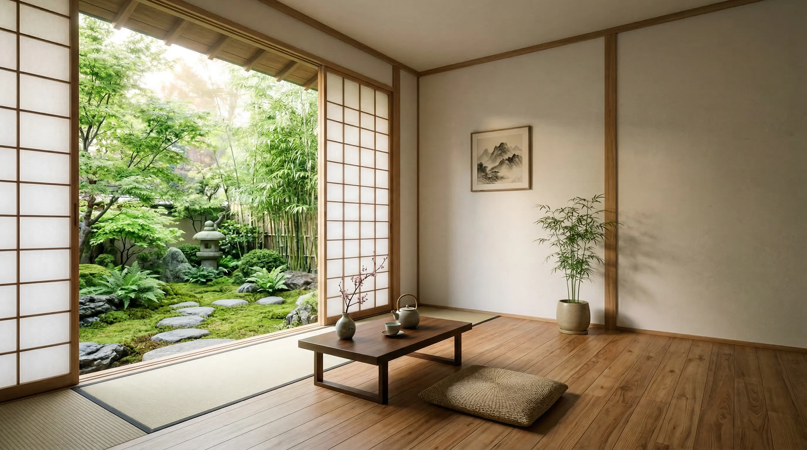 Serene Japanese room with garden view and soft natural light