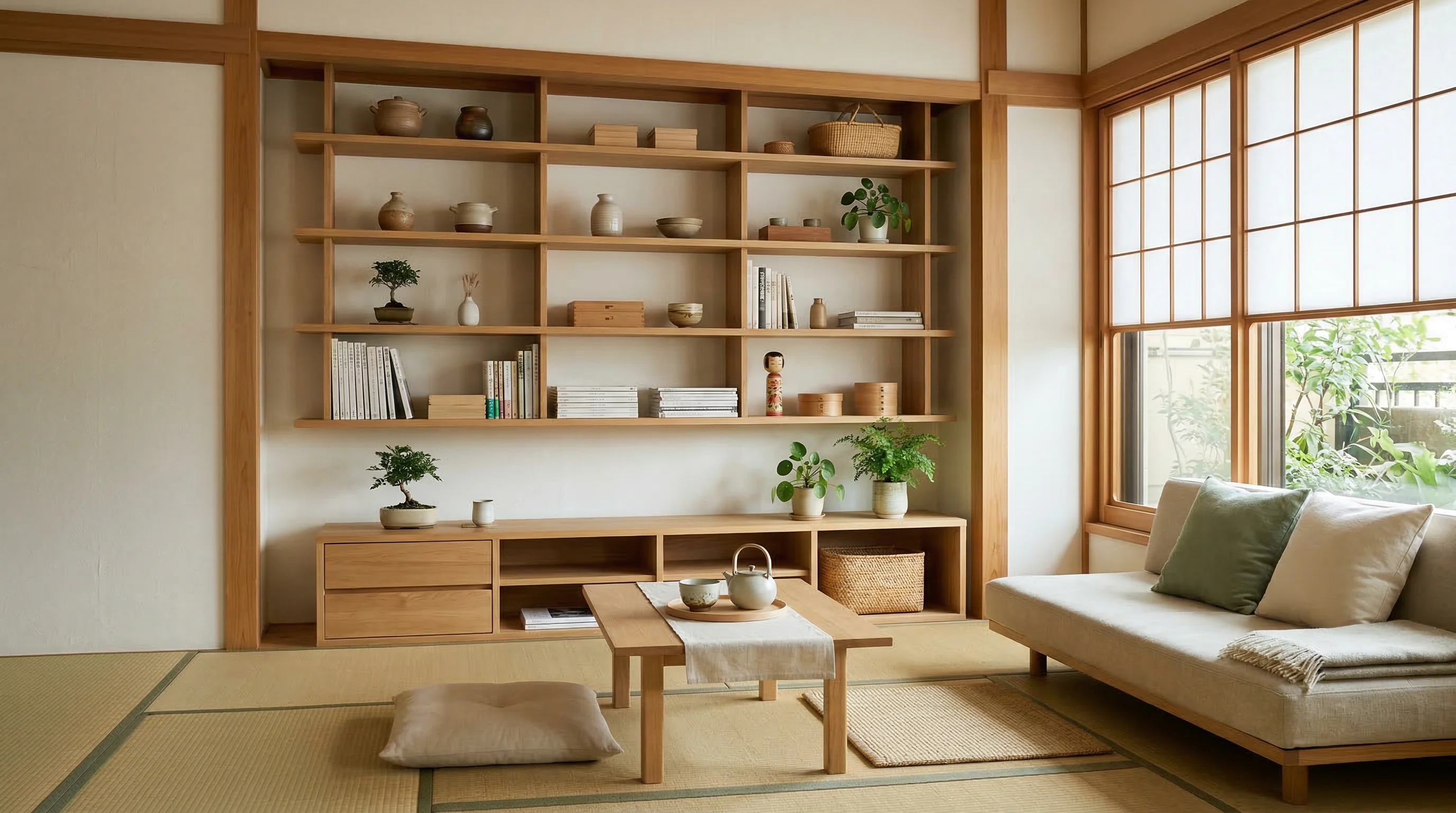 Beautifully organized Japanese living room with natural wood shelving and sage green accents