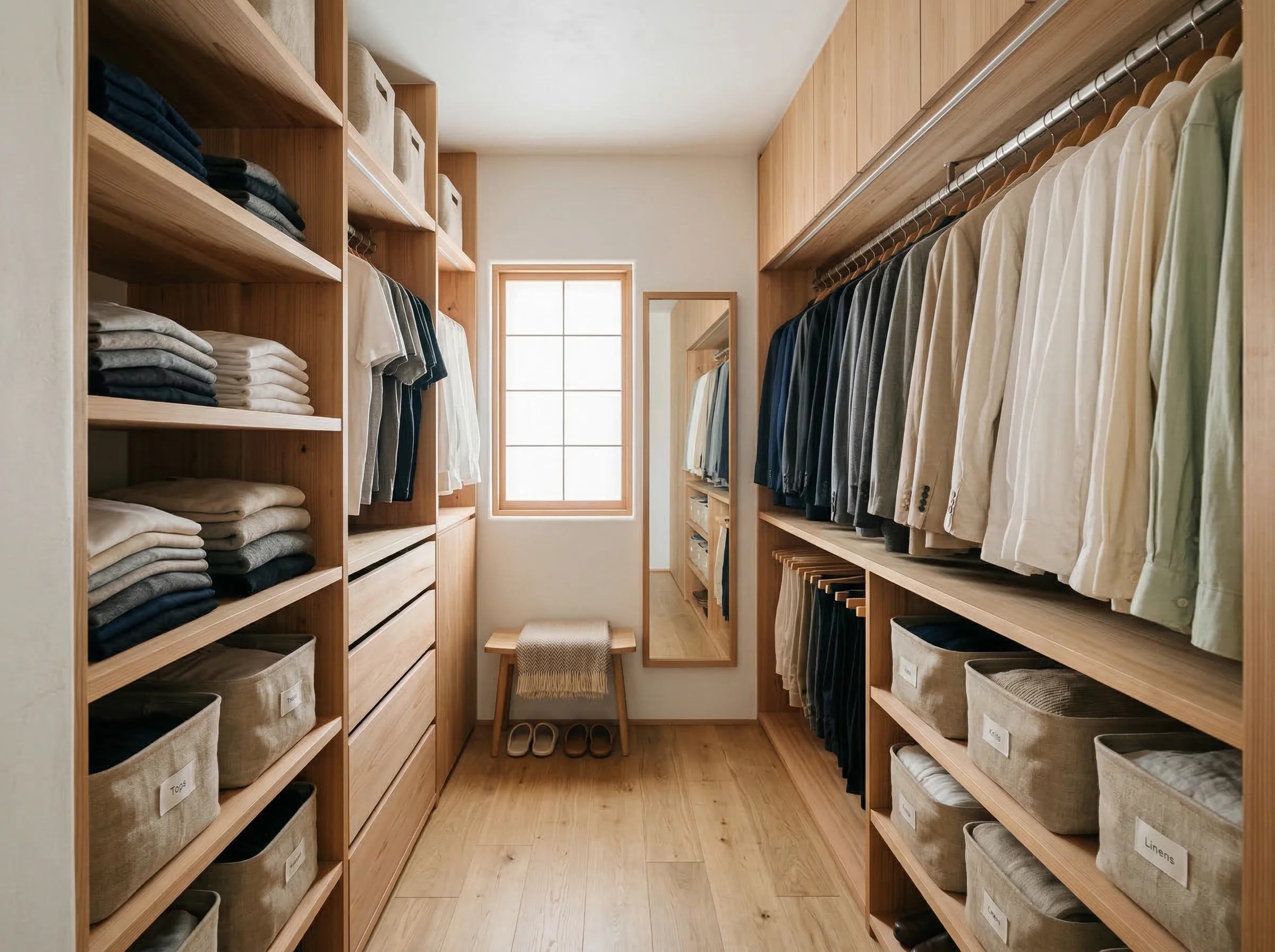 Perfectly organized walk-in closet with color-sorted clothing and cedar shelving