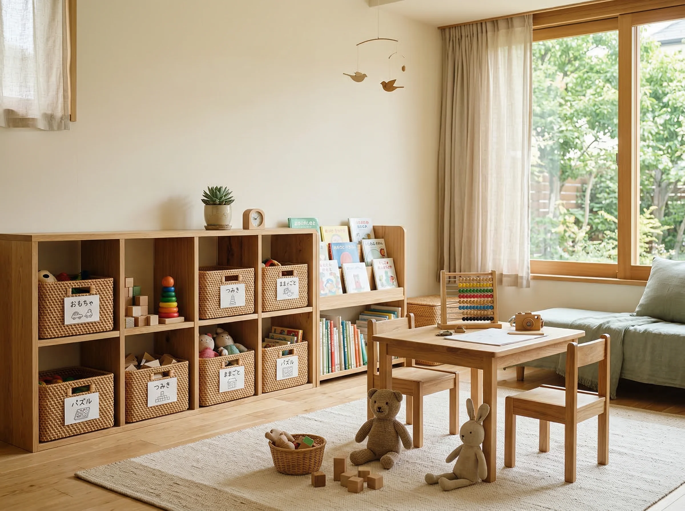 Tidy Japanese children's room with wooden toy storage and low bookshelves
