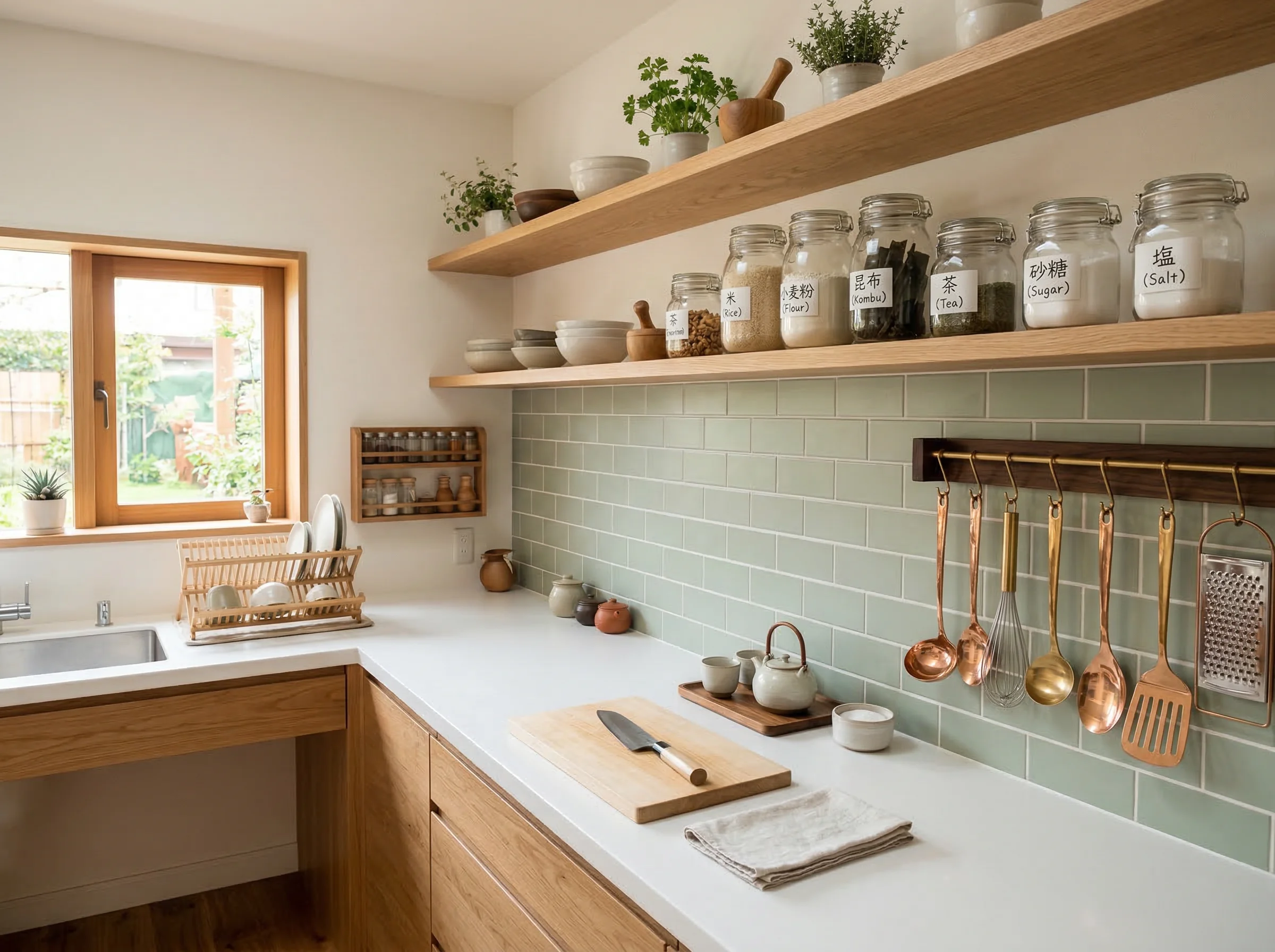 Organized Japanese kitchen with labeled containers on wooden shelves and sage green tile accents