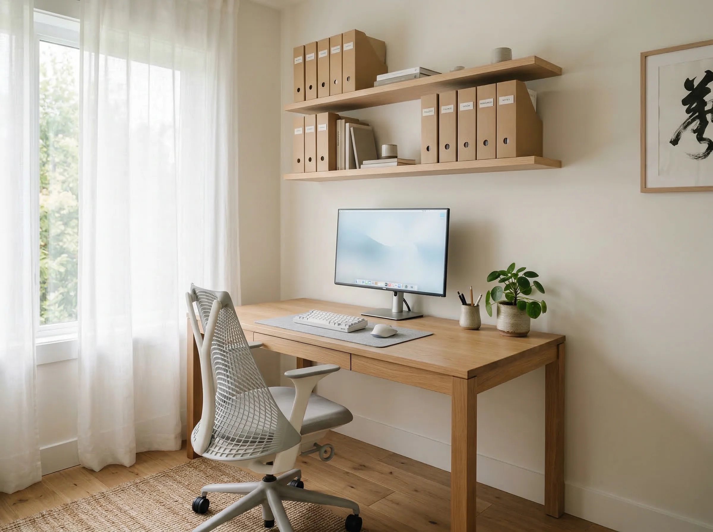 Minimal Japanese home office with clean desk and organized file folders