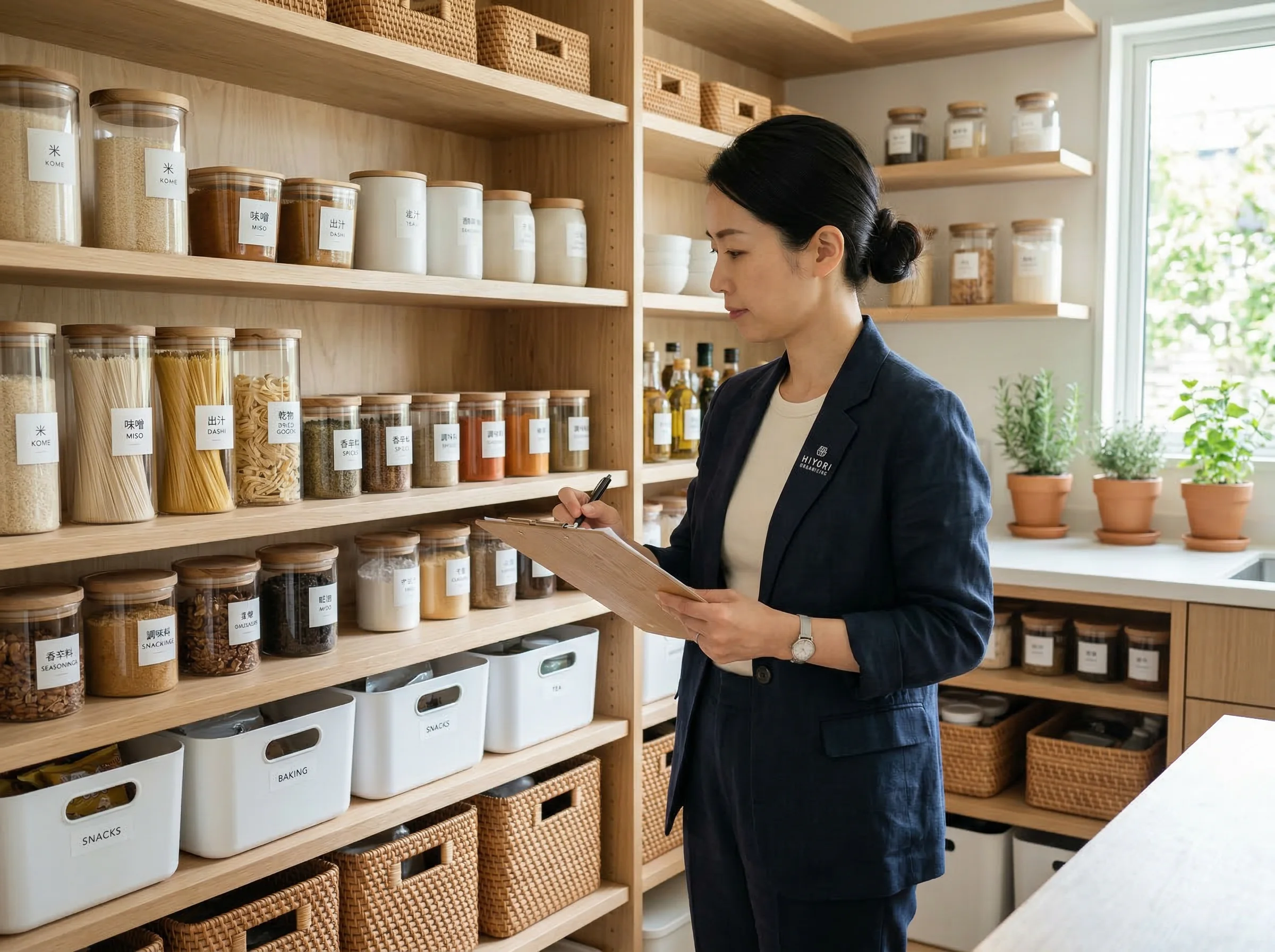 Professional organizer checking an organized pantry with clipboard during a maintenance visit
