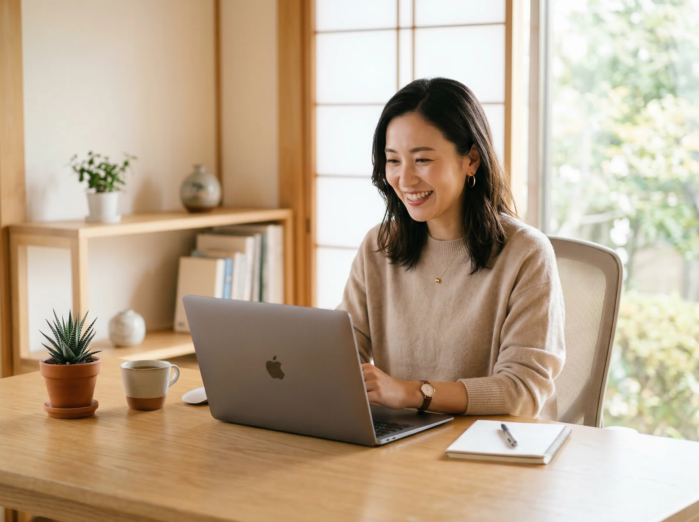 Japanese woman conducting a virtual organization consultation via video call at a wooden desk