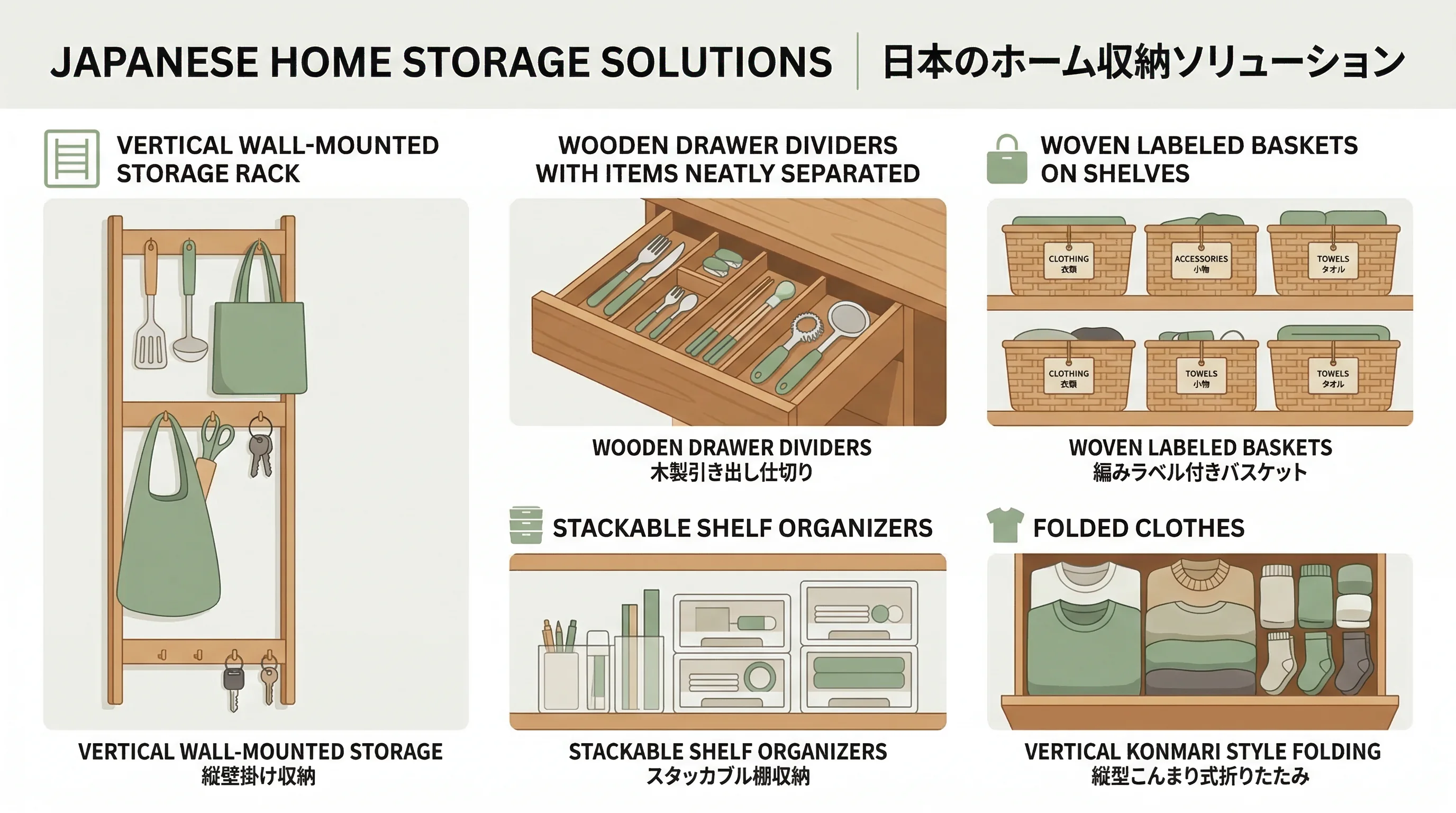 Illustrated infographic showing various Japanese storage solutions and organizer types