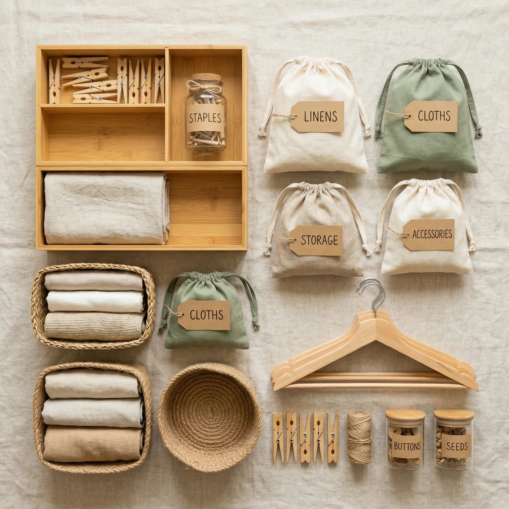 Eco-friendly organization supplies including bamboo organizers, linen bags, and wooden hangers